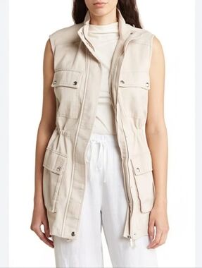 Rachel Roy Cream Utility Vest Safari Military Button Zip Waist Cinch Size L